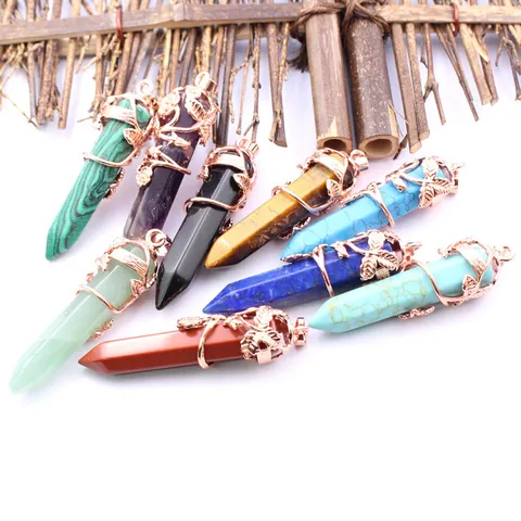 Hexagonal Pillar Natural Stone Pendant Necklace Rose Gold Plated Alloy Rhinestone Flower Wrap Jewelry Gift For Women
