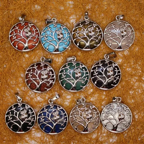 Ciondolo Albero della Vita Gufo Senza Catena Pietra Naturale Avventurina Ametista Quarzo Rosa Design Cavo Per Donna Gioielli