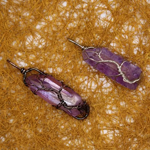 Vintage Amethyst Kristall Säule Anhänger Halskette Handgefertigt Lebensbaum Draht Umwickelt Naturstein Schmuck für Damen