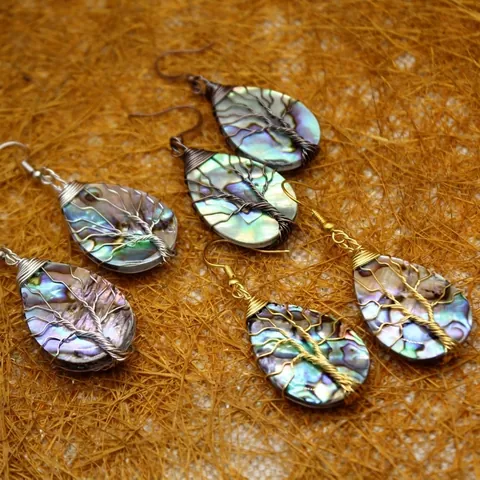 Boucles d'Oreilles Pendantes Arbre de Vie en Coquille d'Abalone Fait Main Vintage Goutte d'Eau Bijoux pour Femmes en Or Argent