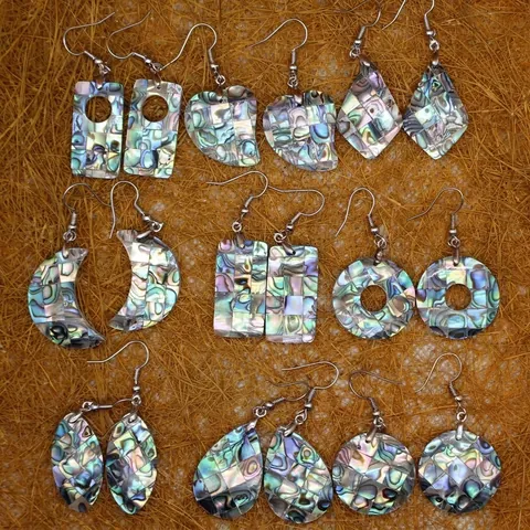 Pendientes de Mosaico de Concha de Abulón Natural para Mujer Pendientes Étnicos Iridiscentes de Forma Geométrica de Luna Corazón Redondo