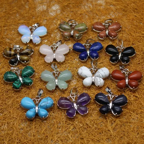 Butterfly Pendant Natural Stone Crystal Amethyst Rose Quartz Malachite Alloy Polished Jewelry Making Accessories Wholesale