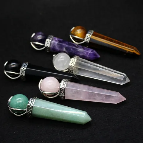 Natural Crystal Pharaoh Scepter Wand Healing Stone Ornament Rose Quartz Amethyst Tiger's Eye Spiritual Home Decor Alloy Wrapped Point