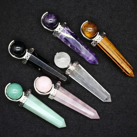 Natural Crystal Pharaoh Scepter Wand Healing Stone Ornament Rose Quartz Amethyst Tiger's Eye Spiritual Home Decor Alloy Wrapped Point