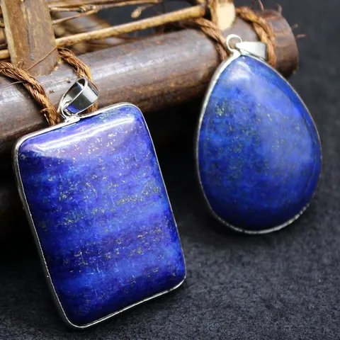 Natural Lapis Lazuli Pendant Necklace For Men Vintage Rectangular Teardrop Shape Blue Stone Jewelry With Metal Bezel Gift