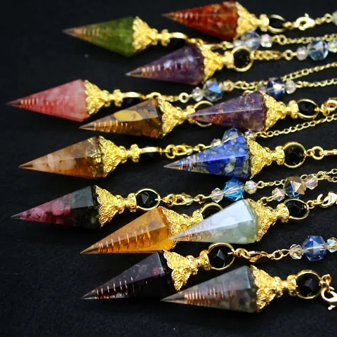 Baroque Court Style Orgonite Pendulum Hexagonal Cone Natural Stone Resin Crystal Energy Healing Ornament With Gold Alloy Chain