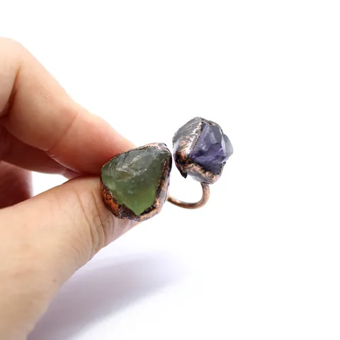 Medieval Retro Natural Raw Stone Open Ring For Women Men Adjustable Antique Copper Fluorite Citrine Bohemian Handcrafted Jewelry