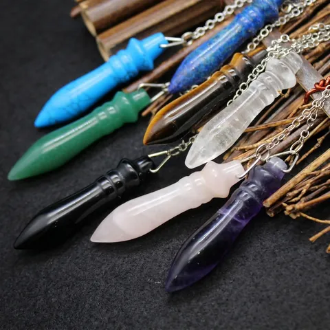 Collier Pendentif Pendule Sceptre en Cristal de Pierre Naturelle Améthyste Quartz Rose Lapis-lazuli Bijoux Guérison Unisexe
