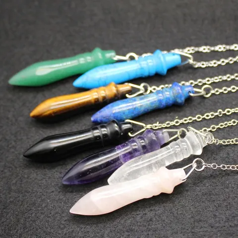 Collier Pendentif Pendule Sceptre en Cristal de Pierre Naturelle Améthyste Quartz Rose Lapis-lazuli Bijoux Guérison Unisexe