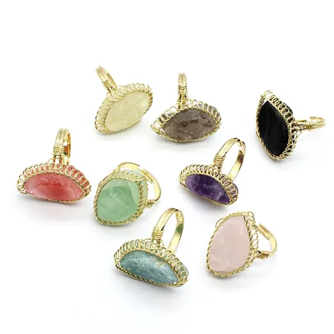 Natural Crystal Stone Wire Wrapped Open Ring For Women 24K Gold Plated Raw Amethyst Rose Quartz Adjustable Bohemian Jewelry