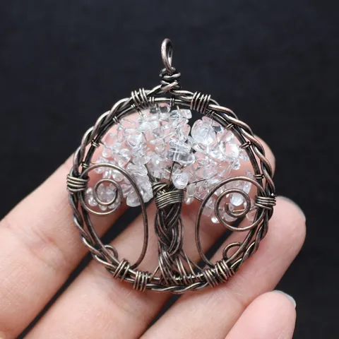 Vintage Handmade Wire Wrapped Tree of Life Pendant Necklace For Women Natural Crystal Stone Chips Alloy Healing Jewelry Gift