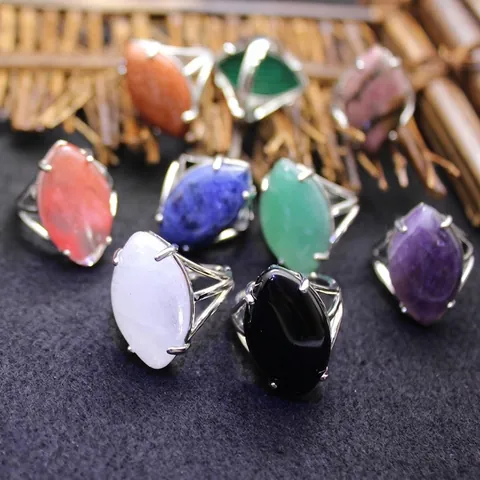 Marquise Cut Natural Stone Open Adjustable Ring Minimalist Alloy Silver Plated Large Statement Finger Ring for Women Jewelry Gift