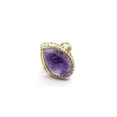 Natural Crystal Stone Wire Wrapped Open Ring For Women 24K Gold Plated Raw Amethyst Rose Quartz Adjustable Bohemian Jewelry