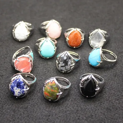 Bohemian Exaggerated Teardrop Natural Stone Open Adjustable Ring Vintage Alloy Electroplated Statement Ring For Women Jewelry Gift