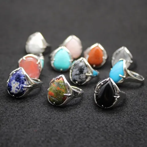 Bohemian Exaggerated Teardrop Natural Stone Open Adjustable Ring Vintage Alloy Electroplated Statement Ring For Women Jewelry Gift