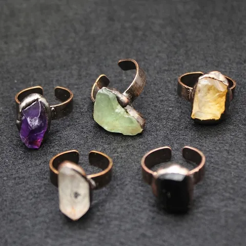 Anello Aperto Regolabile Medievale Vintage Pietra Naturale Donna Ametista Fluorite Quarzo Bronzo Antico Placcato Oro