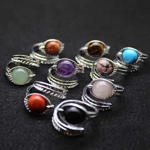Vintage Medieval Exaggerated Feather Open Ring For Women Adjustable Bohemian Natural Stone Alloy Finger Ring Jewelry Gift