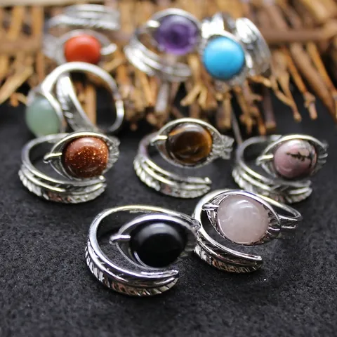 Vintage Medieval Exaggerated Feather Open Ring For Women Adjustable Bohemian Natural Stone Alloy Finger Ring Jewelry Gift