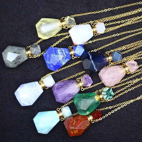 Fashion Natural Stone Aromatherapy Bottle Pendant Necklace Stripe Agate Essential Oil Diffuser Water Drop Crystal Necklace Jewelry