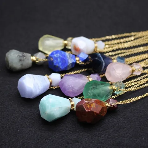 Fashion Natural Stone Aromatherapy Bottle Pendant Necklace Stripe Agate Essential Oil Diffuser Water Drop Crystal Necklace Jewelry