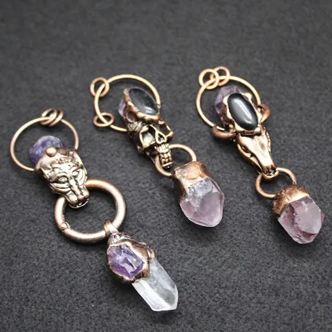 Vintage Amethyst Crystal Pendant Necklace Gothic Alloy Bull Head Skull Natural Stone Column Bohemian Jewelry For Women Men
