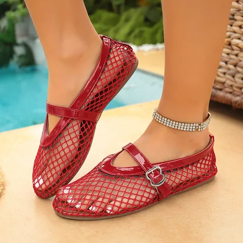 Sandalias Planas Mary Jane de Malla Calada para Mujer Transpirables de Suela Suave Zapatos de Playa de Verano Punta Redonda Casuales