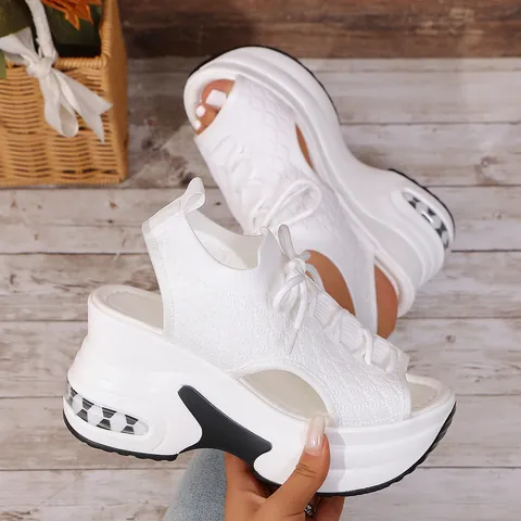 Women Fly-knit Platform Sporty Sandals Roman Lace-up Open Toe Air Cushion Height Increasing Casual Summer Shoes