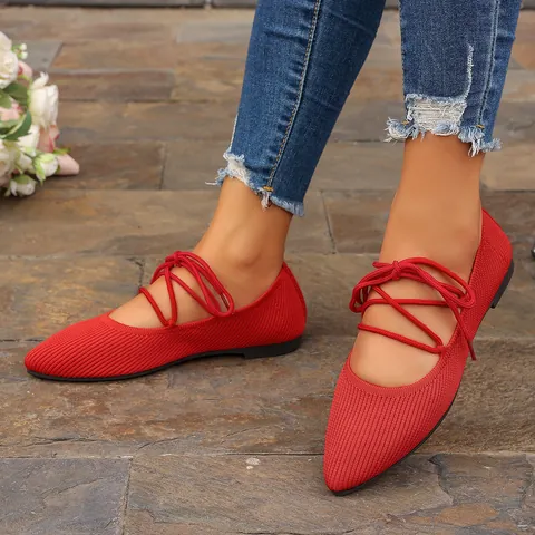 Women Pointed Toe Ballerina Flats Soft Fly Knit Fabric Cross Strappy Lace Up Low Heel Ballet Shoes Spring Summer Casual Dress Shoes