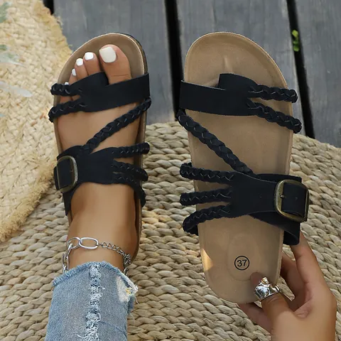 Damen Sommer Vintage Schnalle Offene Zehen Pantoletten PU Geflochtene Riemen Lässige Flache Strandsandalen Softsohle Schuhe