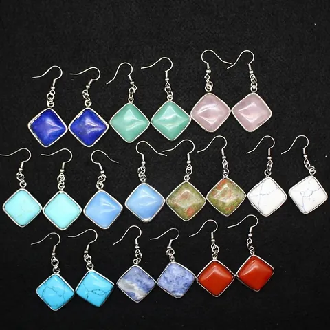 Rhombic Natural Stone Drop Hook Earrings Ins Style Alloy Gemstone Turquoise Amethyst Aventurine Obsidian Quartz Jewelry For Women
