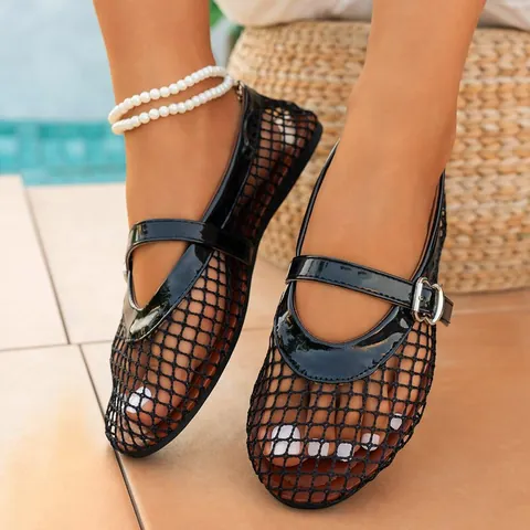 Sandalias Planas de Malla Transpirable Calada para Mujer Punta Redonda Mary Jane Verano Casual Tejido Suela Suave Zapatos para Caminar Diario