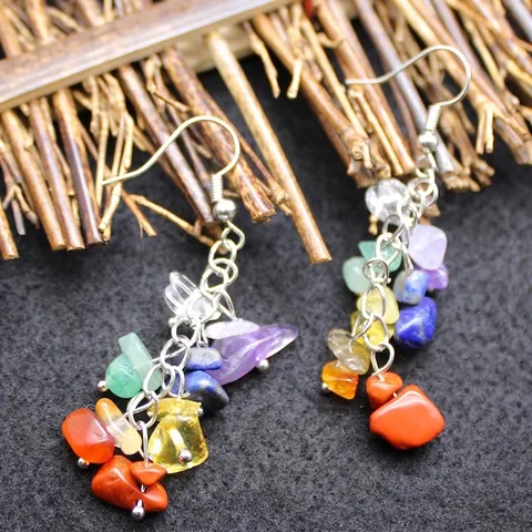 Bohemian Natural Crystal Stone Chip Long Tassel Drop Earrings Vintage Alloy Wire Geometric Earrings For Women Jewelry Gift
