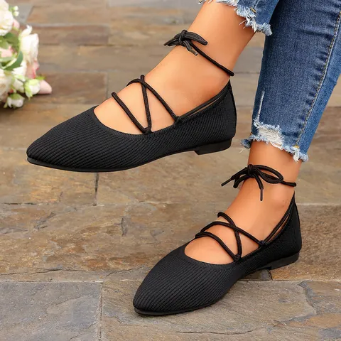 Women Pointed Toe Ballerina Flats Soft Fly Knit Fabric Cross Strappy Lace Up Low Heel Ballet Shoes Spring Summer Casual Dress Shoes
