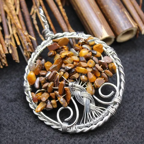 Handcrafted Tree Of Life Pendant Necklace Natural Stone Chips Clear Quartz Amethyst Wire Wrapped Bohemian Jewelry For Women