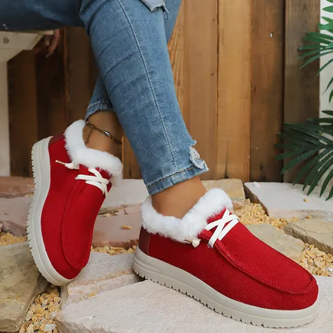Women's Winter Warm Snow Boots Plush Lined Flat Round Toe Lace Up Cotton Shoes Casual Faux Fur Trim Non-Slip Boots Large Size