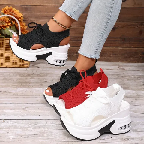 Women Fly-knit Platform Sporty Sandals Roman Lace-up Open Toe Air Cushion Height Increasing Casual Summer Shoes
