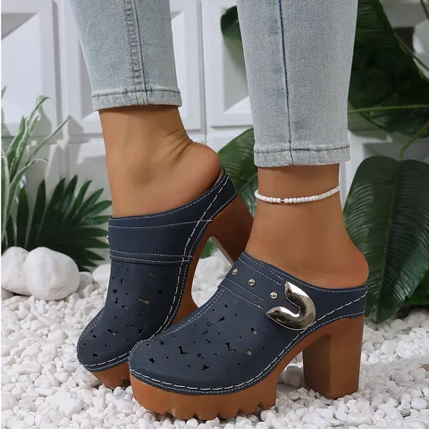 Retro Hollow Out Floral Platform Mules For Women Chunky High Heel Vintage Metal Buckle PU Leather Slip On Summer Clogs