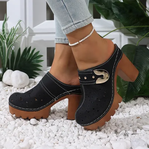 Retro Hollow Out Floral Platform Mules For Women Chunky High Heel Vintage Metal Buckle PU Leather Slip On Summer Clogs