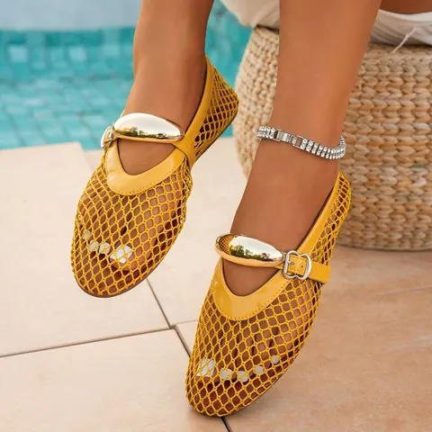 Women's Mesh Hollow Out Flat Sandals Metal Buckle Ankle Strap Round Toe Beach Vacation Dress Shoes