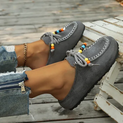 Ethnic Beaded Pointed Toe Suede Slippers For Women Thick Bottom Bohemian Casual Slip-on Mules Outdoor Vacation Shoes