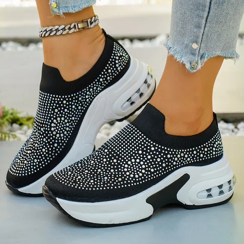 Women's Wedge Sneakers Rhinestone Breathable Air Cushion Slip On Casual Fashion Platform Plus Size Shoes For Daily Walking