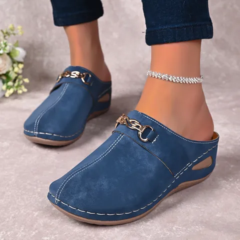 Women Wedge Mules Sandals Metal Chain Decor Contrast Stitching Round Toe Closed Toe Backless Clogs Hollow Summer Shoes
