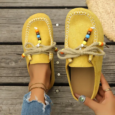 Ethnic Beaded Pointed Toe Suede Slippers For Women Thick Bottom Bohemian Casual Slip-on Mules Outdoor Vacation Shoes