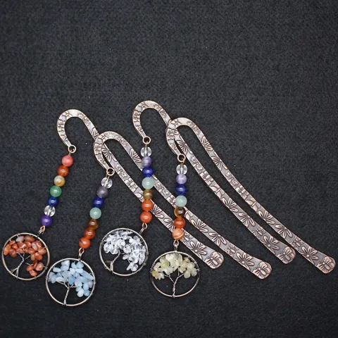 Marcador de Libros de Aleación de Bronce Vintage Colgante Árbol de la Vida Con Chips de Cristal Natural Cuentas de Chakra Regalo