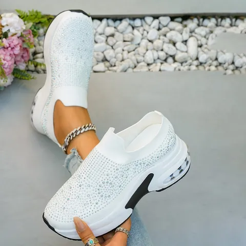 Women's Wedge Sneakers Rhinestone Breathable Air Cushion Slip On Casual Fashion Platform Plus Size Shoes For Daily Walking
