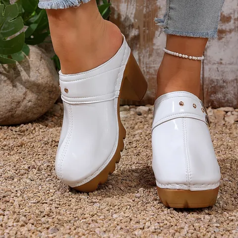 Women's Fashion Patent Leather Platform Clogs Rivet Chunky High Heel Mules Summer Closed Toe Slip On Sandals Shoes