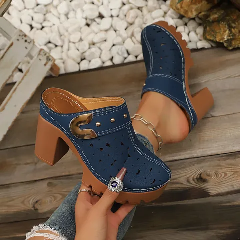 Women Hollow Out Flower Pattern Mules Clogs PU Leather Platform Chunky High Heel Sandals Retro Metal Buckle Slides Shoes