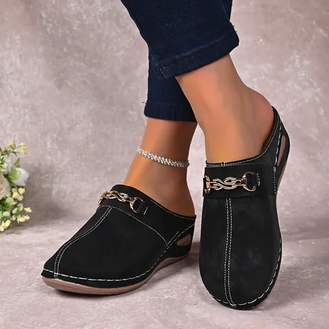 Women Wedge Mules Sandals Metal Chain Decor Contrast Stitching Round Toe Closed Toe Backless Clogs Hollow Summer Shoes