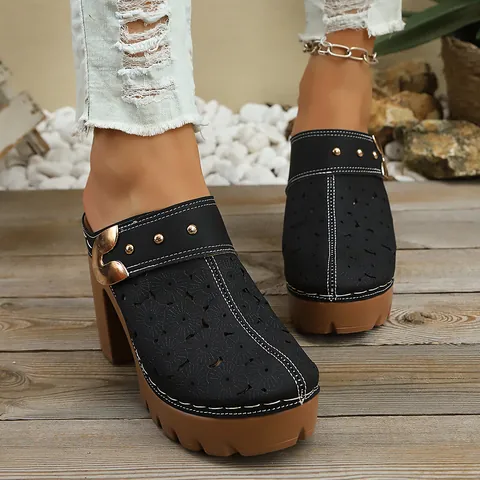 Women Hollow Out Flower Pattern Mules Clogs PU Leather Platform Chunky High Heel Sandals Retro Metal Buckle Slides Shoes