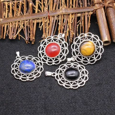 Collier Pendentif Tournesol en Alliage Vintage Avec Pierre Naturelle Agate Rouge Noire Lapis-lazuli Oeil de Tigre Bijoux Bohème Femme